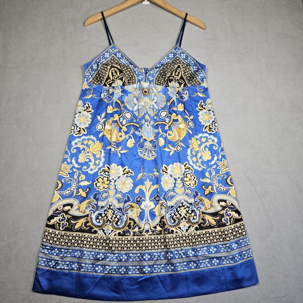 I.C.E Babydoll Dress Women 12 Blue Gold Floral Sleeveless Cruise Money Bold Y2K